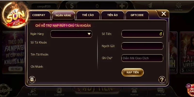 Hướng dẫn các bước nạp tiền Sunwin bằng tài khoản ngân hàng