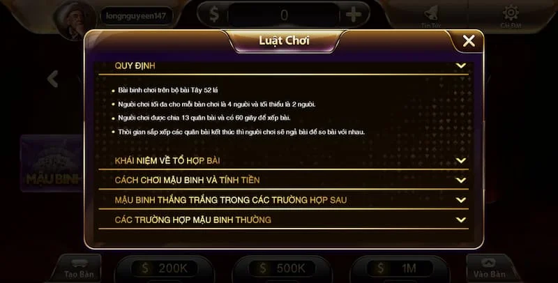 Luật chơi cơ bản của Mậu binh Sunwin